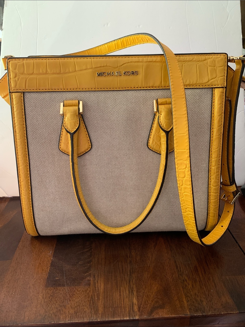 Michael Kors Yellow Leather-Trim Canvas Tote Bag